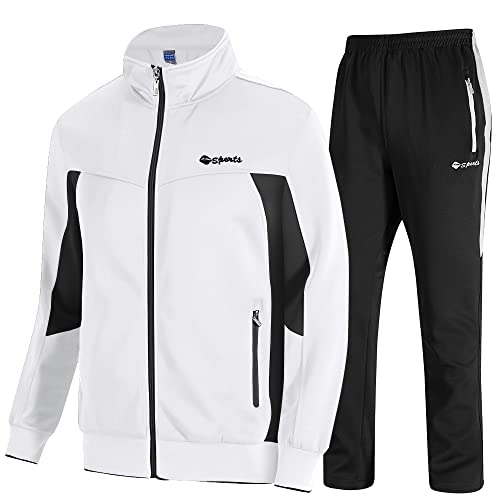 donhobo Herren Jogging Anzug Trainingsanzug Sporthose 2-Teiliges Outfit Sport Set Langarm Jogginganzug Fitness Gym Training Sportanzug (02weiß scharz, L) von donhobo