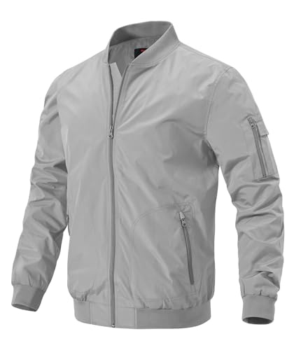 donhobo Herren Leicht Bomberjacke Dünn Übergangsjacke Herbst Freizeit Jacken Fliegerjacke Blouson Windschutz Pilotenjacke mit Taschen (Hellgrau, S) von donhobo