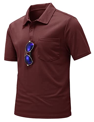 donhobo Herren Polo Shirts Kurzarm Golf Tshirts Schnelltrocknend Sport Outdoor Sommer Poloshirt mit Brillenhalter Knopfleiste (Weinrot, XL) von donhobo
