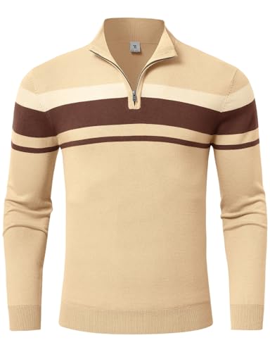 donhobo Herren Pullover 1/4 Zip Up Casual Gestreifte Knit Mock Neck Klassischer Strickpullover Polo Sweaters Herbst Winter Frühling Sweatshirts, Khaki, XXL von donhobo