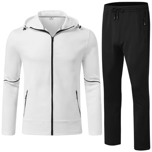 donhobo Herren Trainingsanzug Polyester Jogginganzug Sportanzug 2 Piece Sportjacke und Sporthose Gym Tracksuit Hoodie Atmungsaktiv Hausanzug, Weiß, L von donhobo