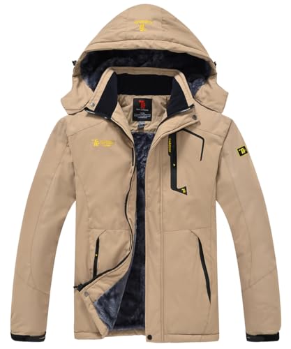 donhobo Herren Winter Fleecejacke Warm Softshelljacke Atmungsaktiv Outdoor Skijacke Winddichte Wasserdicht Funktionsjacke Regenmantel mit Kapuze (Khaki,S) von donhobo