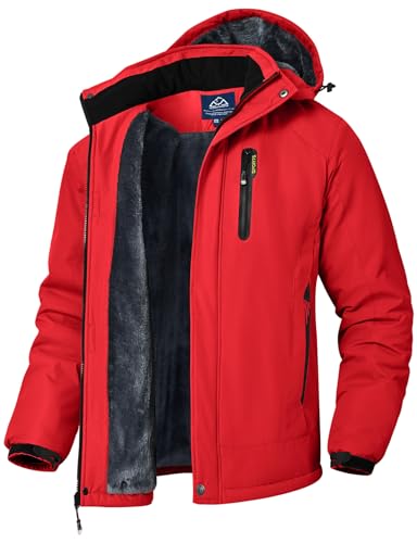 donhobo Herren Winter Skijacke Atmungsaktiv Warm Gefüttert Winterjacke Wasserdichte Winddichte Outdoor Verdickt Funktionsjacke mit Abnehmbarer Kapuze, Rot, L von donhobo
