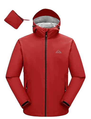 donhobo Herren Regenjacke Atmungsaktiv für Männer Wasserdicht Leicht Faltbare Regenmantel Outdoor Fahrrad Rain Windbreaker mit Kapuze (Rot, XXL) von donhobo