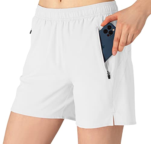 donhobo Shorts Damen Trainingsshorts Sommer Kurze Hosen Schnelltrocknende Laufshorts Sporthose mit Taschen (Weiß, S) von donhobo