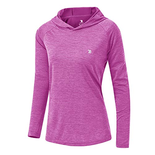 donhobo Sportshirt Damen Langarm Laufshirt Sporttop Atmungsaktiv Trainingsshirt Yoga Shirt mit Daumenlöcher und Kapuze (Lila, 2XL) von donhobo