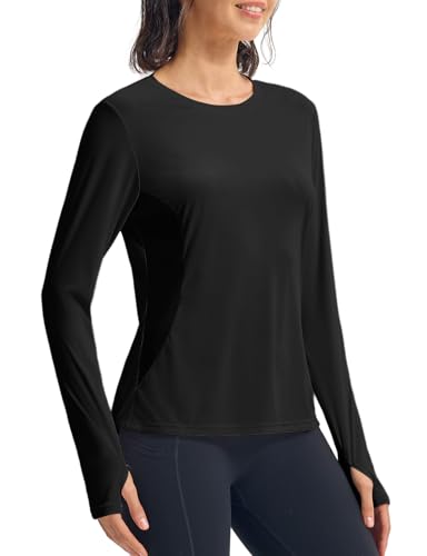 donhobo Sportshirt Damen Langarm T-Shirts Atmungsaktiv Funktions Mesh Sport Oberteile Yoga UPF 50+ Schnelltrocknend UV Schutz Laufen Wandershirt mit Daumenlöcher, Schwarz, S von donhobo