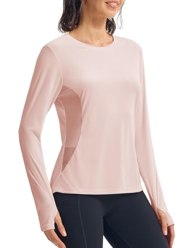 donhobo Sportshirt Damen Langarm T-Shirts Atmungsaktiv Funktions Mesh Sport Oberteile Yoga UPF 50+ Schnelltrocknend UV Schutz Laufen Wandershirt mit Daumenlöcher, Rosa, XXL von donhobo