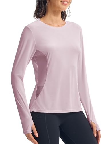 donhobo Sportshirt Damen Langarm T-Shirts Atmungsaktiv Funktions Mesh Sport Oberteile Yoga UPF 50+ Schnelltrocknend UV Schutz Laufen Wandershirt mit Daumenlöcher, Rosa Violett, M von donhobo