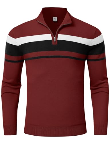 donhobo Sweatshirts für Herren 1/4 Zip Up Pullover Slim Fit Leichtes Lässiger Stehkragen Langarm Polo Strickpullover Herbst Winter Sweaters, Rot, M von donhobo