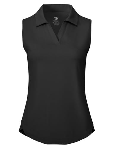 donhobo T-Shirt Damen Ärmellose Golf Polo Shirts V-Ausschnitt Tennis Tank Tops Sportshirt UPF 50+ Schnell trocknend Leichte Atmungsaktiv Sommer Oberteil (Schwarz, M) von donhobo