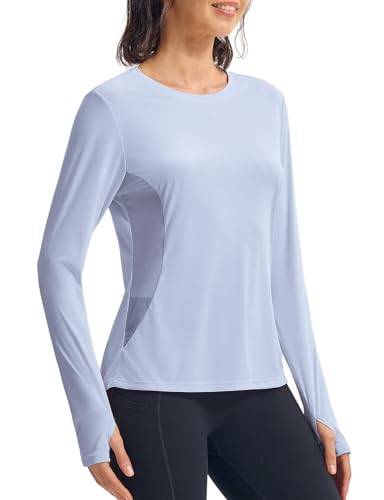 donhobo T-Shirt Damen Langarm Sportshirt Gym Top Sport Oberteil Yoga Rundhals Leicht Fitness Workout Laufshirt UPF 50+ Atmungsaktiv Quick Dry Shirts mit Daumenloch, Hellblau, XL von donhobo