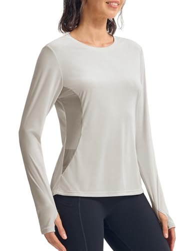donhobo T-Shirt Damen Langarm Sportshirt Gym Top Sport Oberteil Yoga Rundhals Leicht Fitness Workout Laufshirt UPF 50+ Atmungsaktiv Quick Dry Shirts mit Daumenloch, Hellgrau, XL von donhobo