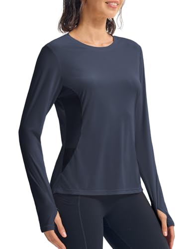 donhobo T-Shirt Damen Langarm Sportshirt Gym Top Sport Oberteil Yoga Rundhals Leicht Fitness Workout Laufshirt UPF 50+ Atmungsaktiv Quick Dry Shirts mit Daumenloch, Marine, XL von donhobo
