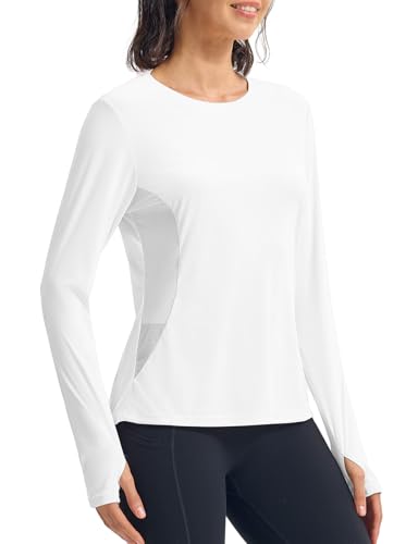 donhobo T-Shirt Damen Langarm Sportshirt Gym Top Sport Oberteil Yoga Rundhals Leicht Fitness Workout Laufshirt UPF 50+ Atmungsaktiv Quick Dry Shirts mit Daumenloch, Weiß, XXL von donhobo