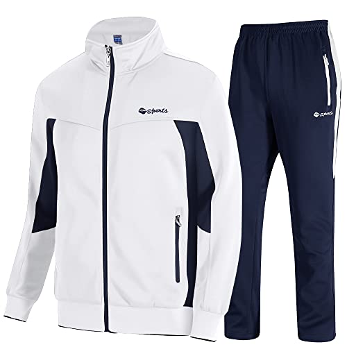 donhobo Trainingsanzug für Herren Sportanzug 2 Teiliges Outfit Sport Set Fitness Sporthose und Trainingsjacke Freizeitanzug Männer Jogginganzug (02weiß Marine, 2XL) von donhobo