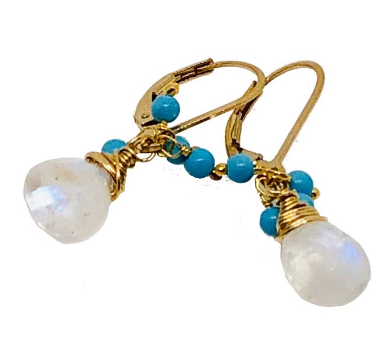 Auffällige Mondstein Tropfen Türkis Leverback Ohrringe von donnaOdesigns