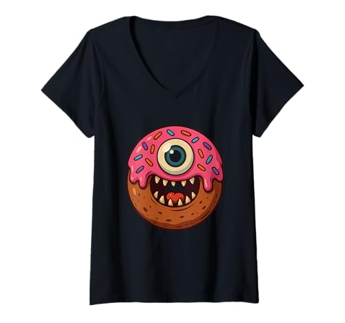 Damen Donut Monster mit Auge Halloween T-Shirt mit V-Ausschnitt von donut monster eye pink halloween halloween pumpkin