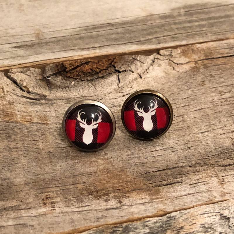 Rot Und Schwarz Büffel Karo Hirschkopf Ohrringe von doodleandluludesigns