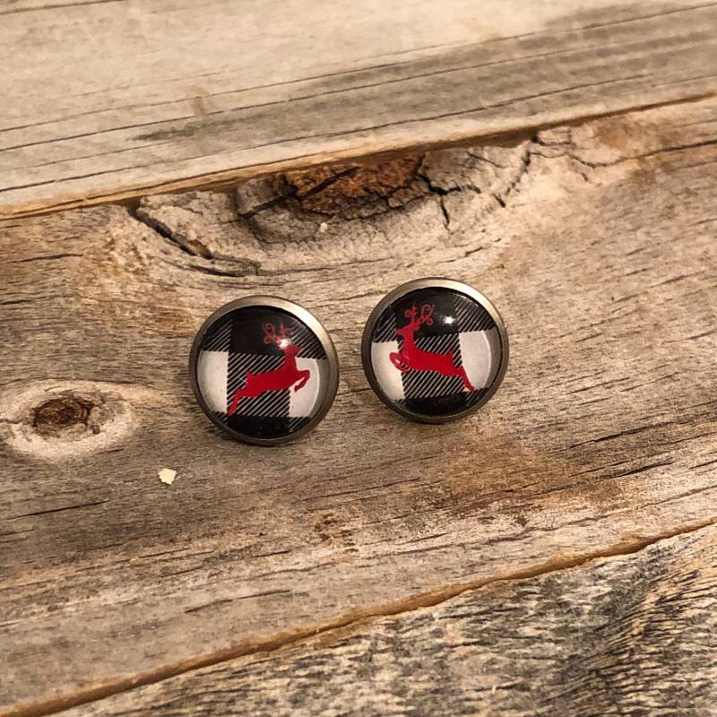 Schwarz-Weiß Büffel Karo Hirsch Ohrringe von doodleandluludesigns