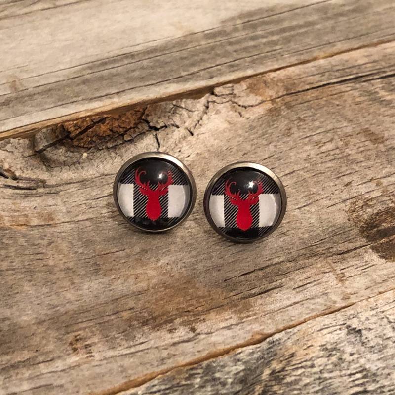 Schwarz-Weiß Büffel Plaid Hirschkopf Ohrringe von doodleandluludesigns