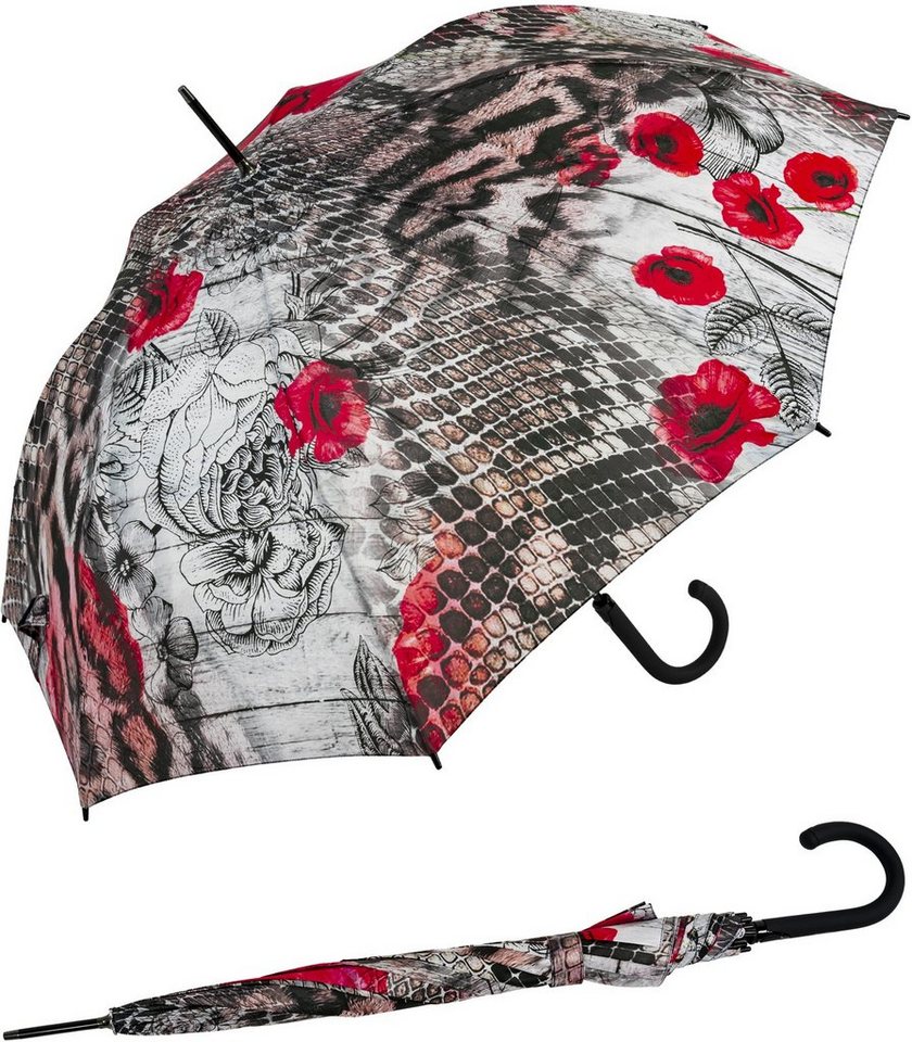 doppler® Langregenschirm Damen-Regenschirm groß und stabil mit Automatik, Serpent - mit rotem Mohnblumen-Design von doppler®