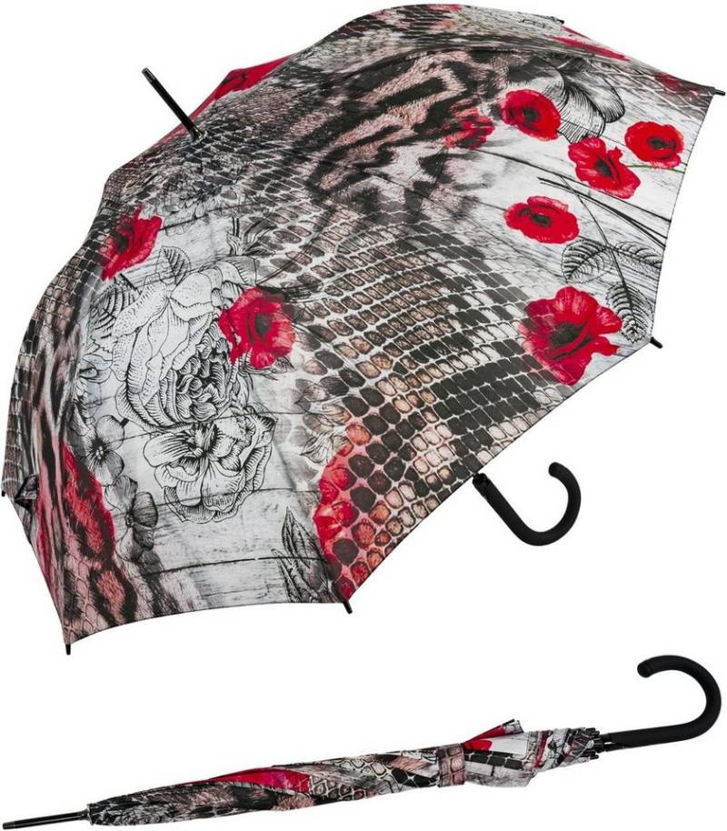doppler® Stockregenschirm Damen-Regenschirm groß und stabil mit Automatik, Serpent - mit rotem Mohnblumen-Design von doppler®