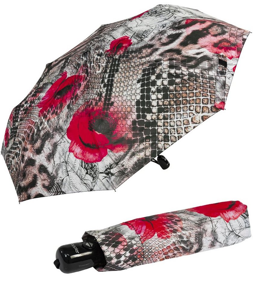 doppler® Langregenschirm Damen-Taschenschirm mit Auf-Zu-Automatik, Serpent - mit rotem Mohnblumen-Design von doppler®