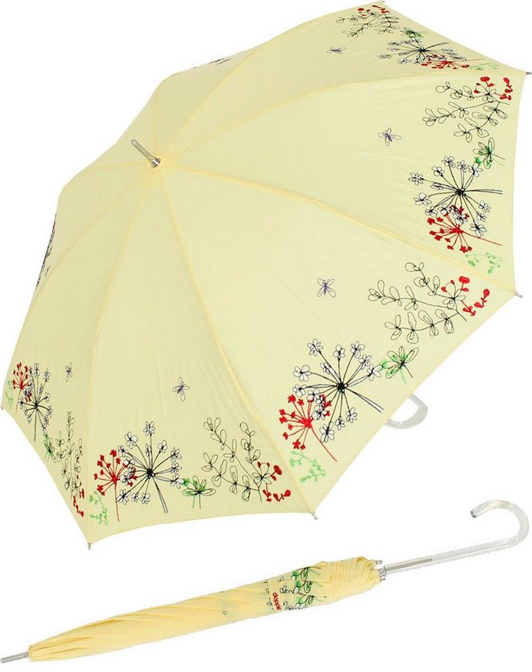 doppler® Langregenschirm Sonnen und Regenschirm UV Schutz - Lady Butterfly, der Rand ist wunderschön mit Wiesenblumen bestickt, der Griff besteht aus transparentem Kunststoff von doppler®