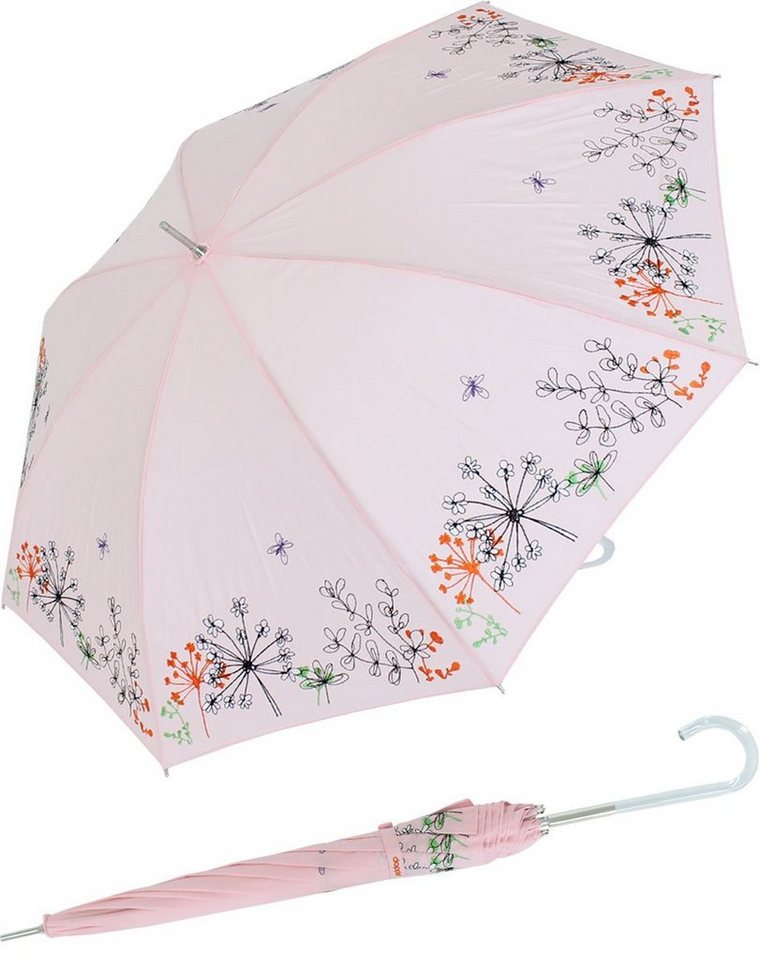 doppler® Langregenschirm Sonnen und Regenschirm UV Schutz - Lady Butterfly, der Rand ist wunderschön mit Wiesenblumen bestickt, der Griff besteht aus transparentem Kunststoff von doppler®