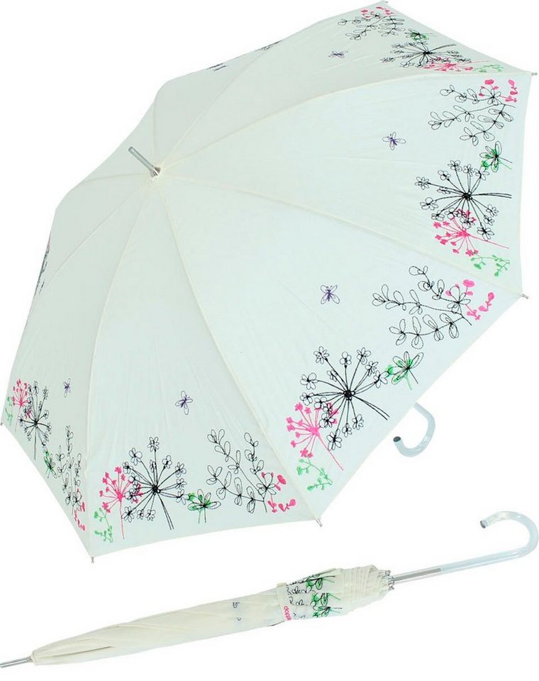 doppler® Langregenschirm Sonnen und Regenschirm UV Schutz - Lady Butterfly, der Rand ist wunderschön mit Wiesenblumen bestickt, der Griff besteht aus transparentem Kunststoff von doppler®