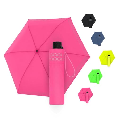 Doppler Regenschirm Safety Reflect in neon pink I Regenschirm mit reflektierendem Rand & Handöffner I Mini Schirm mit passender Schirmtasche I Leichter Taschenschirm für Unterwegs von Doppler