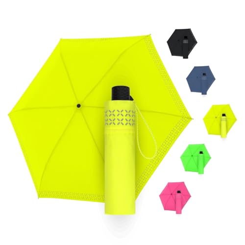 Doppler Regenschirm Safety Reflect in neon yellow I Regenschirm mit reflektierendem Rand & Handöffner I Mini Schirm mit passender Schirmtasche I Leichter Taschenschirm für Unterwegs von Doppler