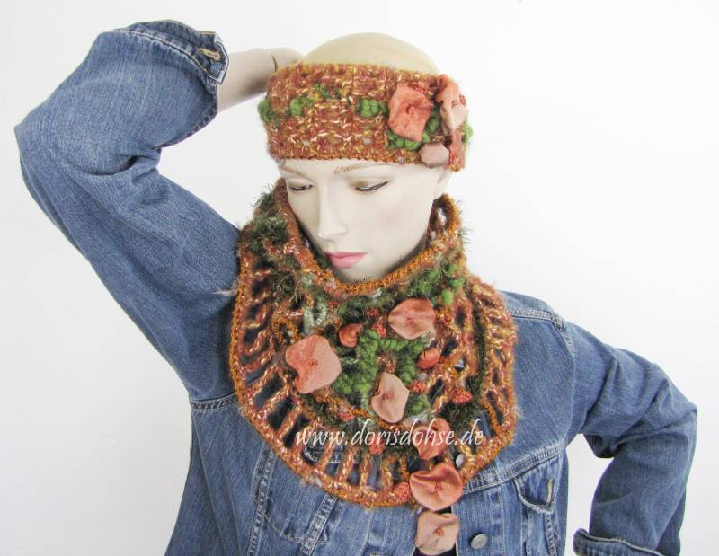 Designer Schal Herbst Wald Perfektes Geschenk Haar Band Exclusiv Schmuck Romantisch Häkel Kunst Zum Tragen Upcycling Loop Ooak von dorisdARTcrochet