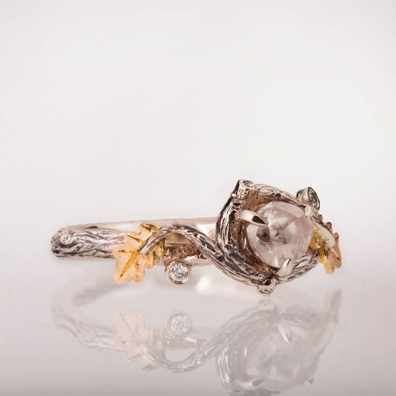 Platin Rohdiamant Ring, Verlobungsring, Zweig Und Blatt Eichenlaub Rohdiamantring von doronmerav