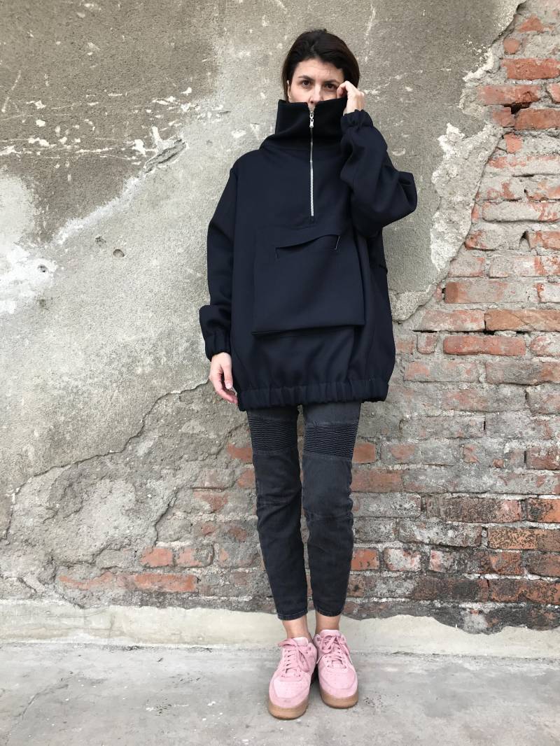 Winterjacke, Wolle Sweatshirt, Plus Größe Jacke, Frauen Warme Lockere Wolljacke, Dunkelblaue Jacke von doroteyya