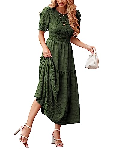 dowerme Damen-Sommerkleider 2025, lässig, Puffärmel, Rundhalsausschnitt, gesmokt, fließende Rüschen, Boho, Strandparty, Maxi-Sommerkleid, Grün (Army Green), Groß von dowerme