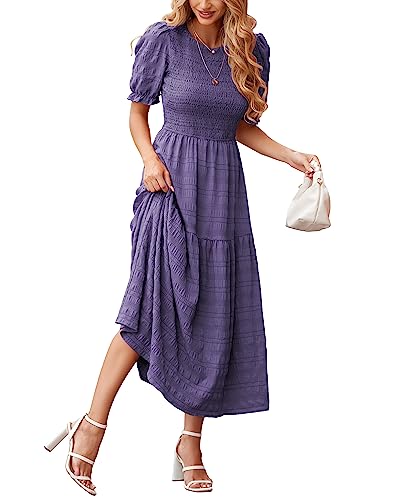 dowerme Damen-Sommerkleider 2025, lässig, Puffärmel, Rundhalsausschnitt, gesmokt, fließende Rüschen, Boho, Strandparty, Maxi-Sommerkleid, Violett, Klein von dowerme