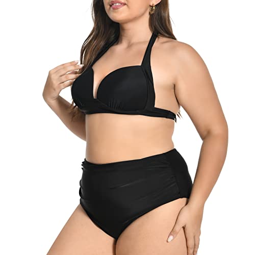 dowskwx Damen Bikini Set Push Up Zweiteiliger Badeanzug Neckholder Bademode mit Hoher Taille Bikinihose Bauchweg Swimsuit (Schwarz,S) von dowskwx