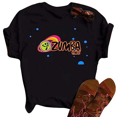 Damen Zumba Athletic T-Shirt Locker geschnitten Tanz Fitness Bekleidung Damen Top Training Grafik T-Shirts Rundhalsausschnitt Kurzarm Schwarz von doyouwantmore