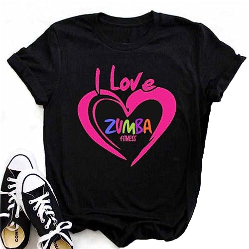 Damen Zumba Athletic T-Shirt Locker geschnitten Tanz Fitness Bekleidung Damen Top Training Grafik T-Shirts Rundhalsausschnitt Kurzarm Schwarz von doyouwantmore
