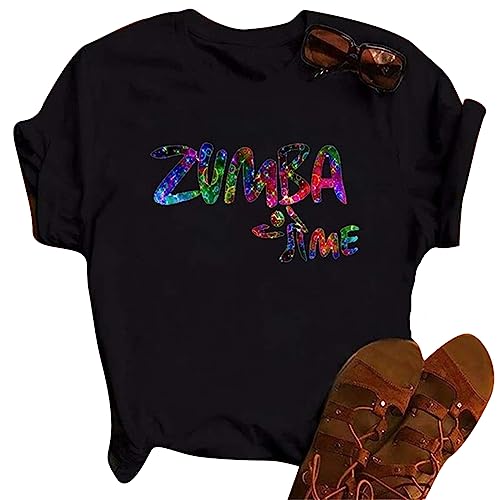 Damen Zumba Athletic T-Shirt Locker geschnitten Tanz Fitness Bekleidung Damen Top Training Grafik T-Shirts Rundhalsausschnitt Kurzarm Schwarz von doyouwantmore