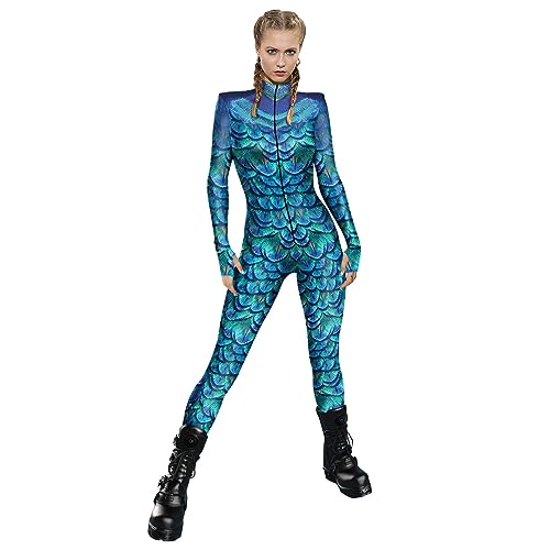 doyouwantmore Damen Halloween 3D Fisch Schuppen Digitaldruck Jumpsuit Slim Cut Langarm Einteilige Strumpfhose Jumpsuit für Rollenspielparty von doyouwantmore