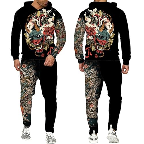 doyouwantmore Herren Trainingsanzug Set Samurai Tattoo 3D gedruckte Hoodies und Jogginghosen Set Zweiteiliges Set Lässiger Sportanzug von doyouwantmore