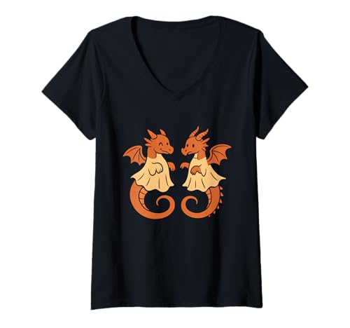 Damen Drachengespenst Duo T-Shirt mit V-Ausschnitt von dragon ghosts cute spooky duo fantasy halloween