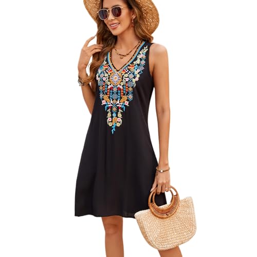 drakloak Ärmelloses Kleid Sommerkleider Damen Knielang Boho Bestickte V-Ausschnitt Tank Kleid,Strandkleid Freizeitkleider（753 BK S） von drakloak