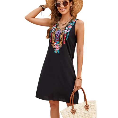 drakloak Ärmelloses Kleid Sommerkleider Damen Knielang Boho Bestickte V-Ausschnitt,Swing Kleid Locker Strandkleid Freizeitkleider（754 BK XL） von drakloak