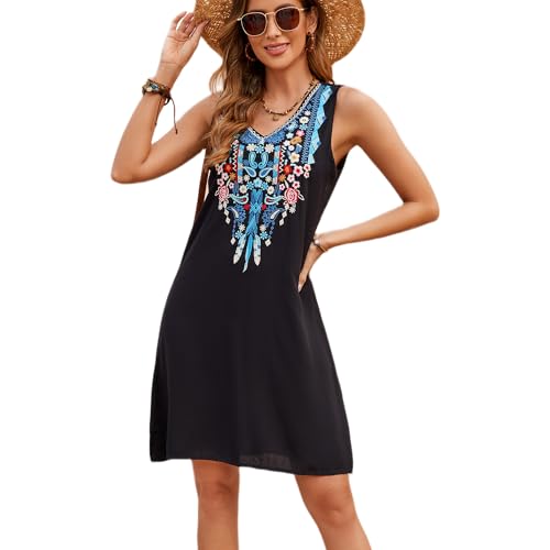 drakloak Ärmelloses Kleid Sommerkleider Damen Knielang Boho Bestickte V-Ausschnitt Tank Kleid,Strandkleid Freizeitkleider von drakloak