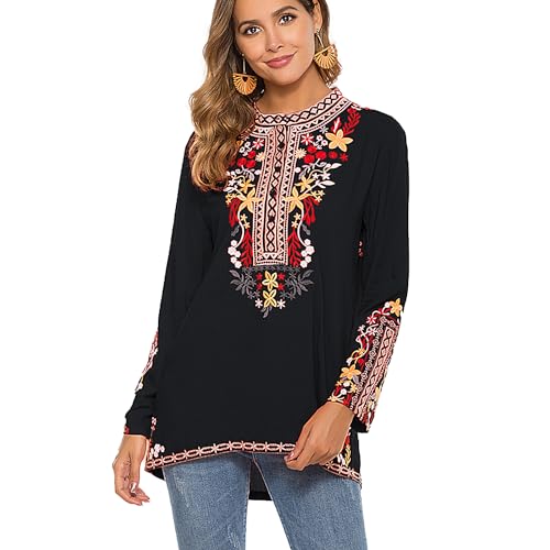 drakloak Bluse Stickerei Damen,Folklore Bluse Damen Stickerei Mexiko,Langarm Hippie Kleidung Boho Rundhalsausschnitt Blouse mit Blume Stickerei（101 BK L） von drakloak