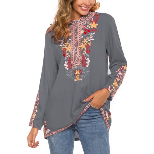 drakloak Bluse Stickerei Damen,Folklore Bluse Damen Stickerei Mexiko,Langarm Hippie Kleidung Boho Rundhalsausschnitt Blouse mit Blume Stickerei(101 GY 3XL) von drakloak